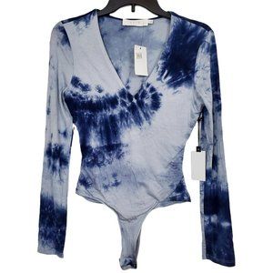 ASTR The Label Navy Blue Tie Dye Thong Bodysuit Top S Long Sleeve V Neck Knit